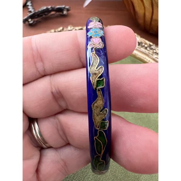 Vintage Cloisonne Enamel Bangle Bracelet Blue Cobalt Floral Flowers - Picture 8 of 8